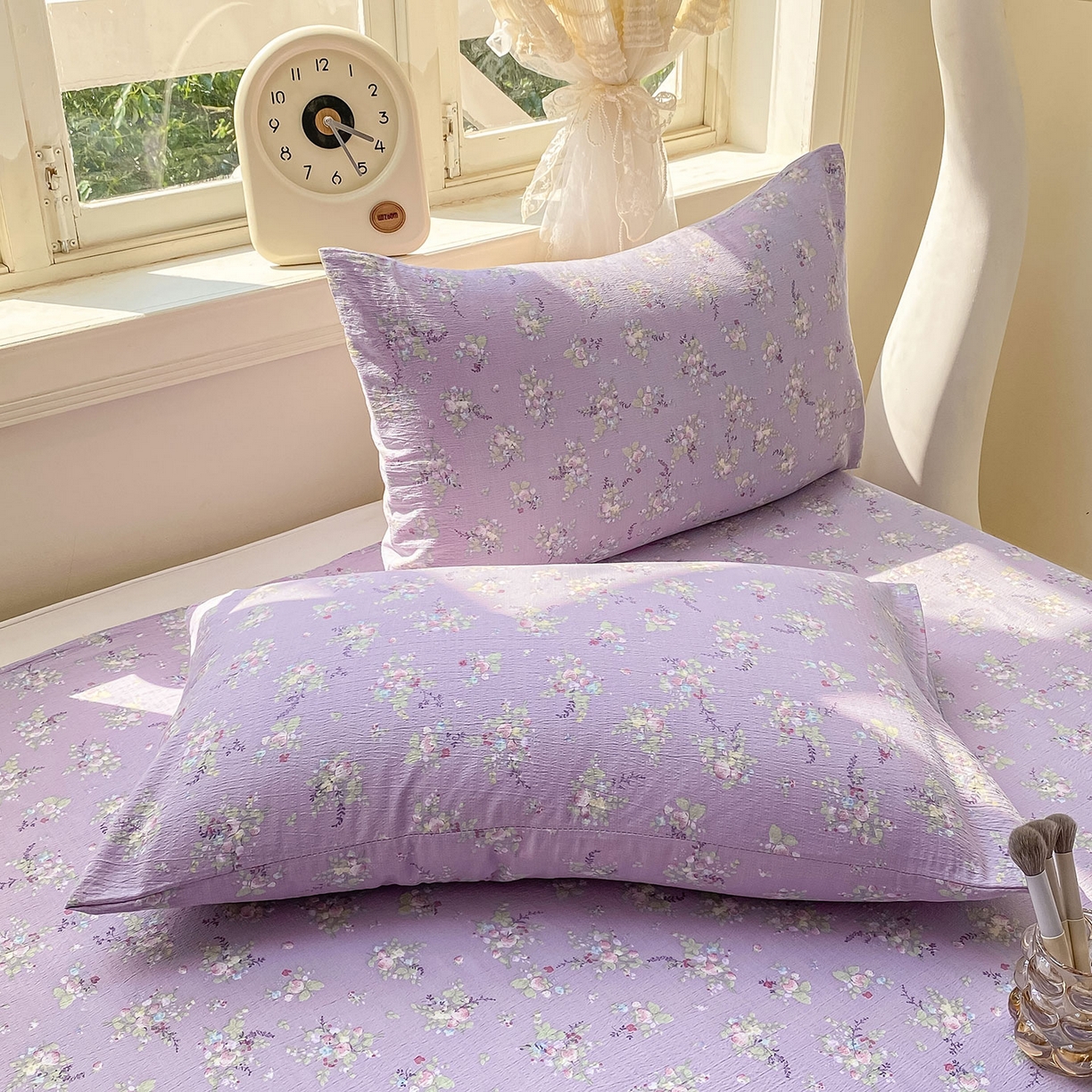 91家纺网 家纺一手货源 找家纺 眠势力 2025新款云感双层纱床单三件套ins奶油风学生宿舍床单四季通用 紫色花海