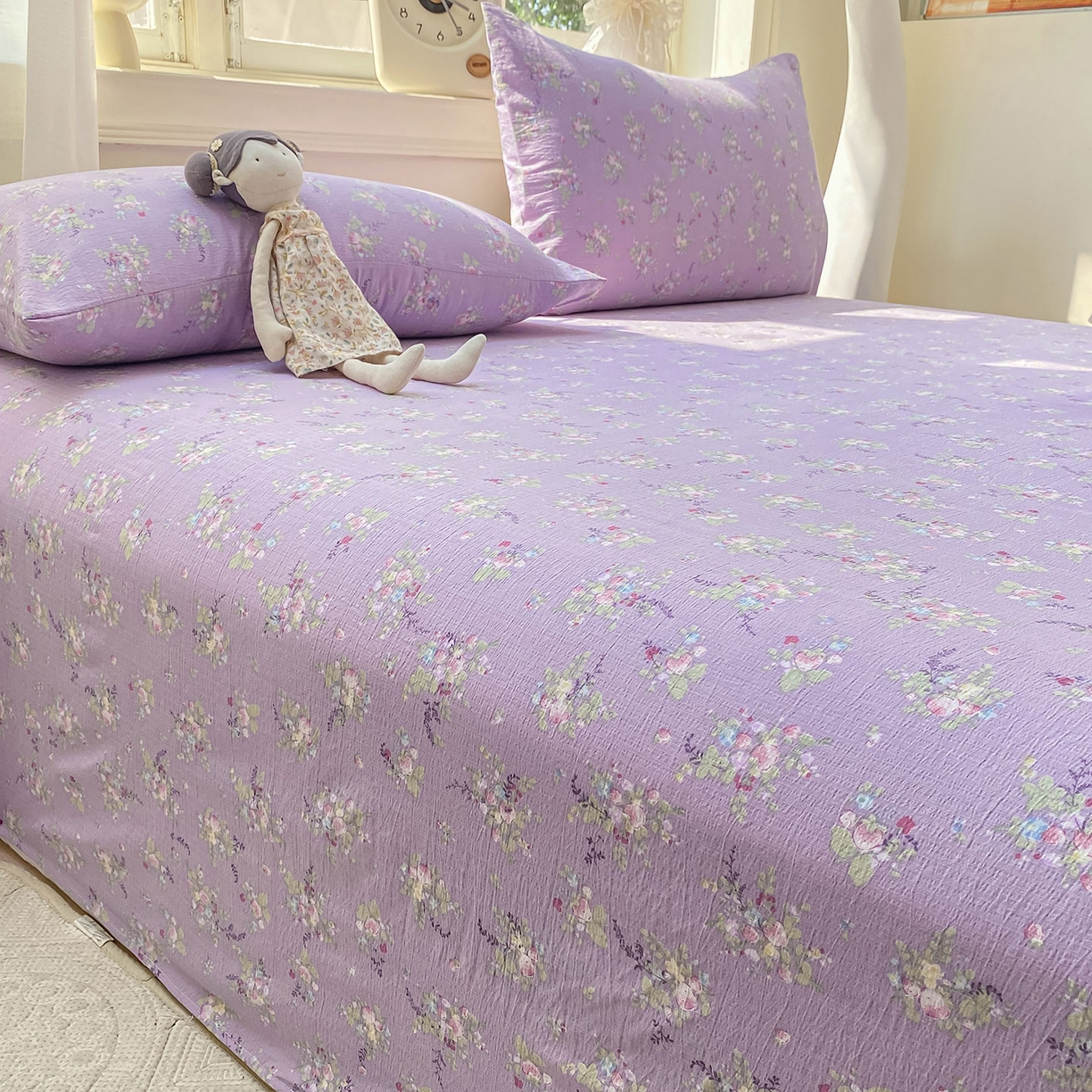 91家纺网 家纺一手货源 找家纺 眠势力 2025新款云感双层纱床单三件套ins奶油风学生宿舍床单四季通用 紫色花海