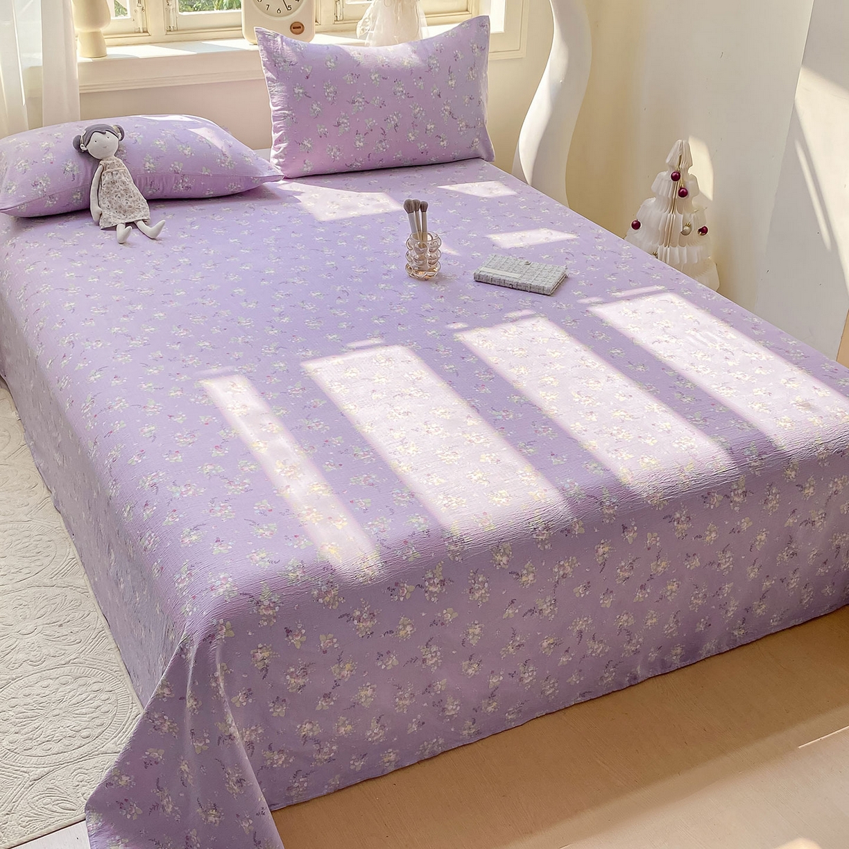 91家纺网 家纺一手货源 找家纺 眠势力 2025新款云感双层纱床单三件套ins奶油风学生宿舍床单四季通用 紫色花海