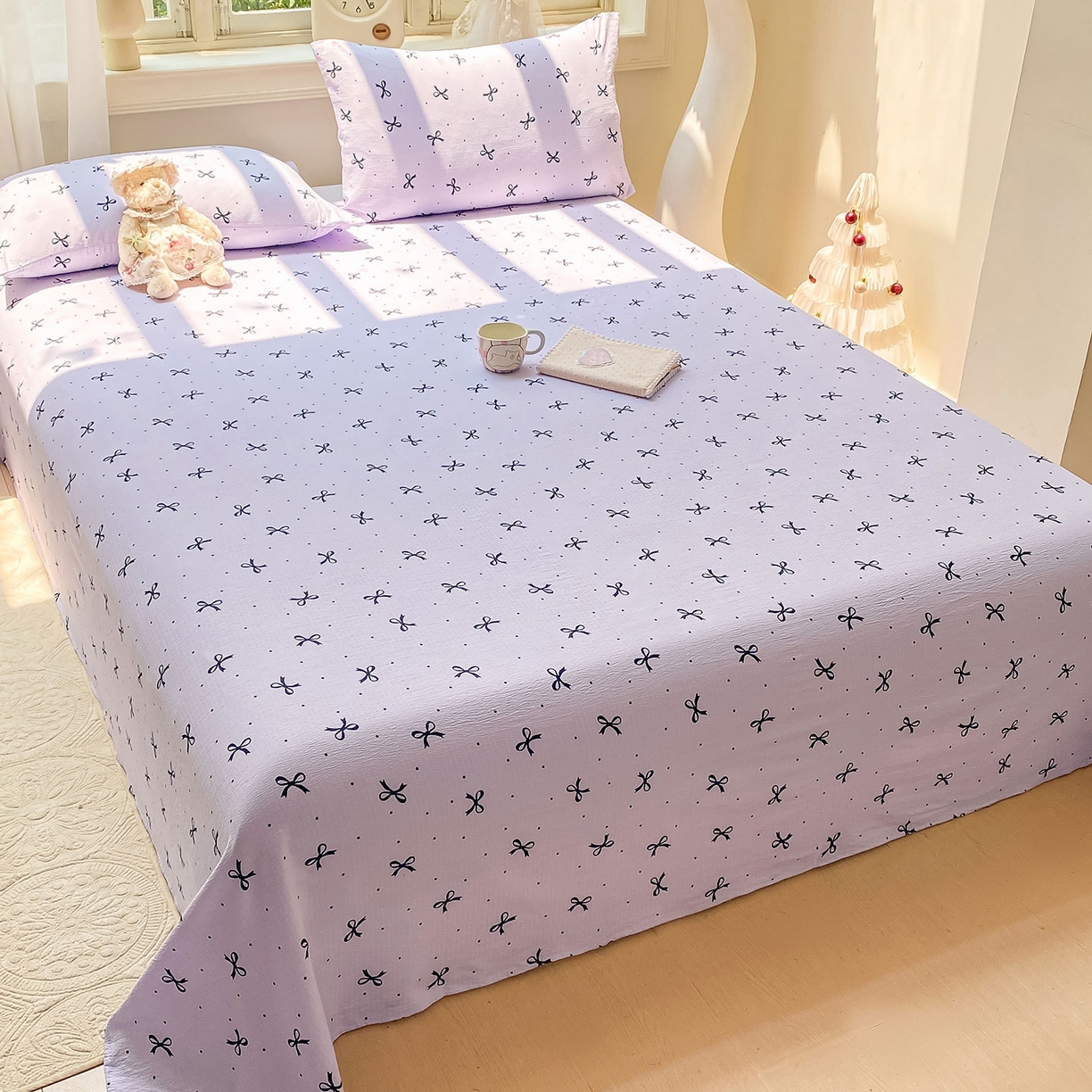 91家纺网 家纺一手货源 找家纺 眠势力 2025新款云感双层纱床单三件套ins奶油风学生宿舍床单四季通用 紫韵蝴蝶结