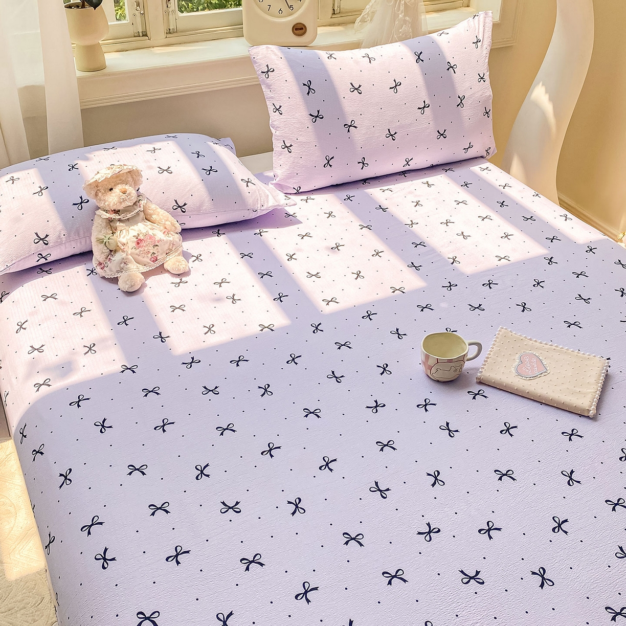 91家纺网 家纺一手货源 找家纺 眠势力 2025新款云感双层纱床单三件套ins奶油风学生宿舍床单四季通用 紫韵蝴蝶结