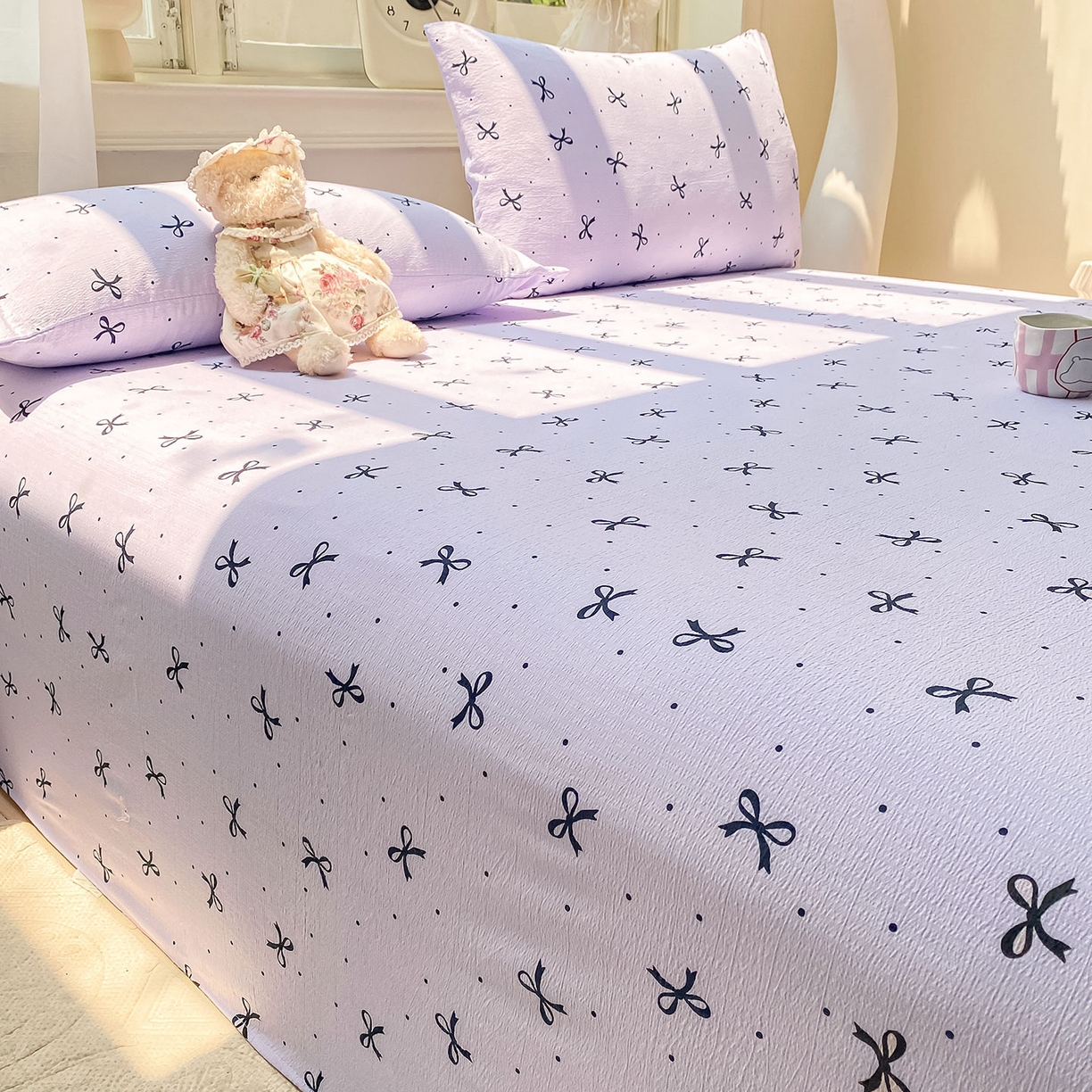 91家纺网 家纺一手货源 找家纺 眠势力 2025新款云感双层纱床单三件套ins奶油风学生宿舍床单四季通用 紫韵蝴蝶结