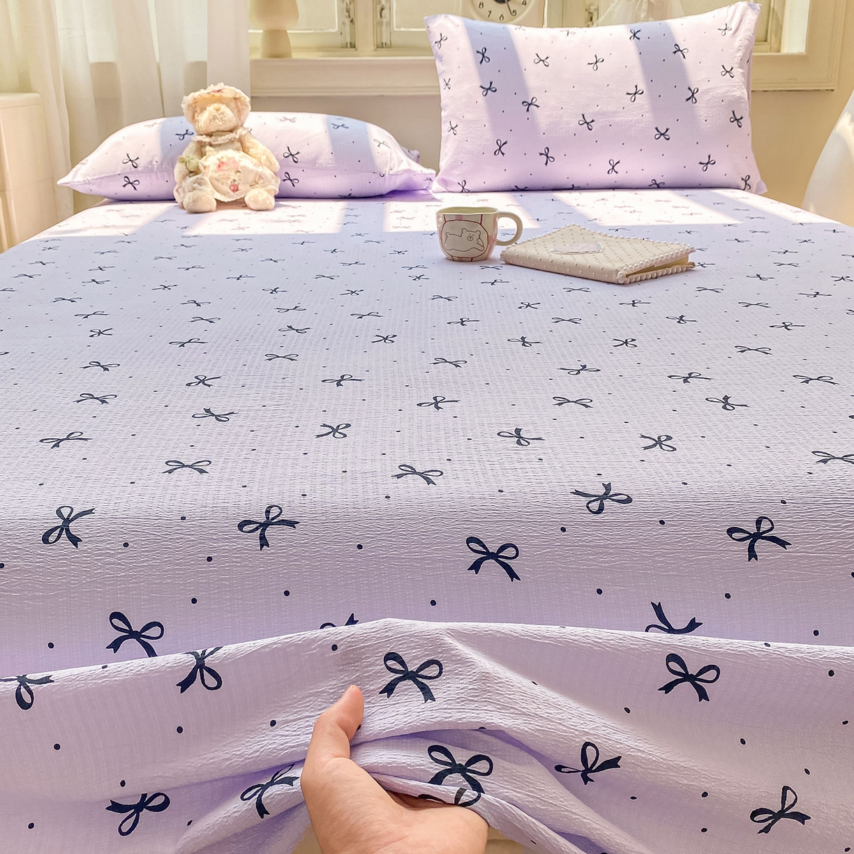 91家纺网 家纺一手货源 找家纺 眠势力 2025新款云感双层纱床单三件套ins奶油风学生宿舍床单四季通用 紫韵蝴蝶结