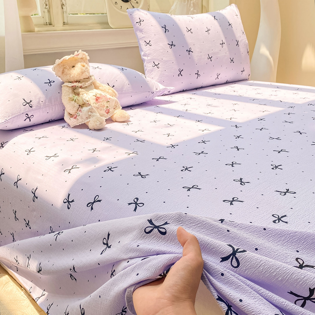 91家纺网 家纺一手货源 找家纺 眠势力 2025新款云感双层纱床单三件套ins奶油风学生宿舍床单四季通用 紫韵蝴蝶结