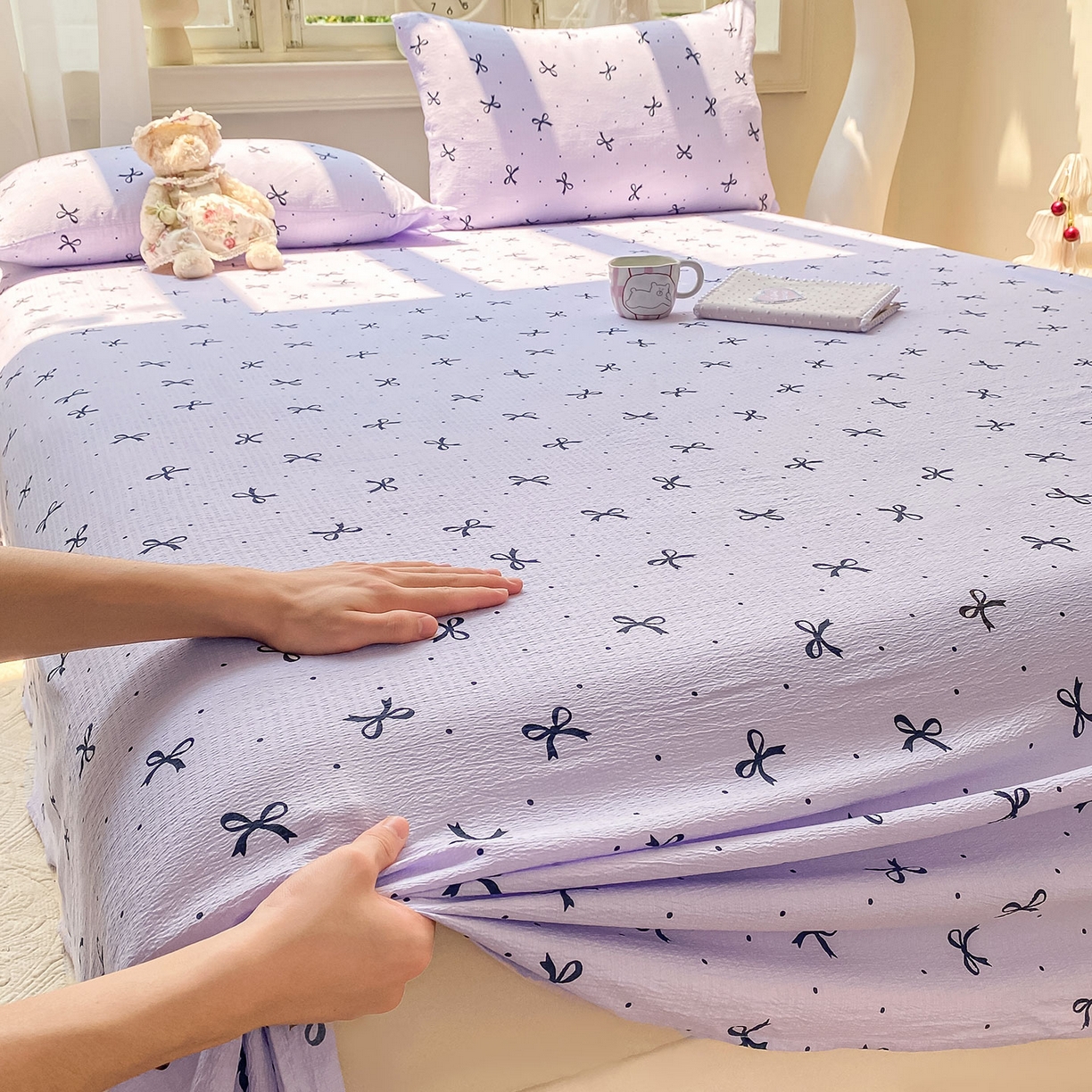 91家纺网 家纺一手货源 找家纺 眠势力 2025新款云感双层纱床单三件套ins奶油风学生宿舍床单四季通用 紫韵蝴蝶结