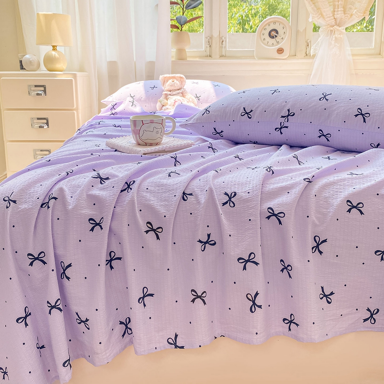 91家纺网 家纺一手货源 找家纺 眠势力 2025新款云感双层纱床单三件套ins奶油风学生宿舍床单四季通用 紫韵蝴蝶结