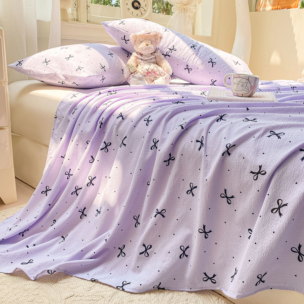 91家纺网 家纺一手货源 找家纺 眠势力 2025新款云感双层纱床单三件套ins奶油风学生宿舍床单四季通用 紫韵蝴蝶结