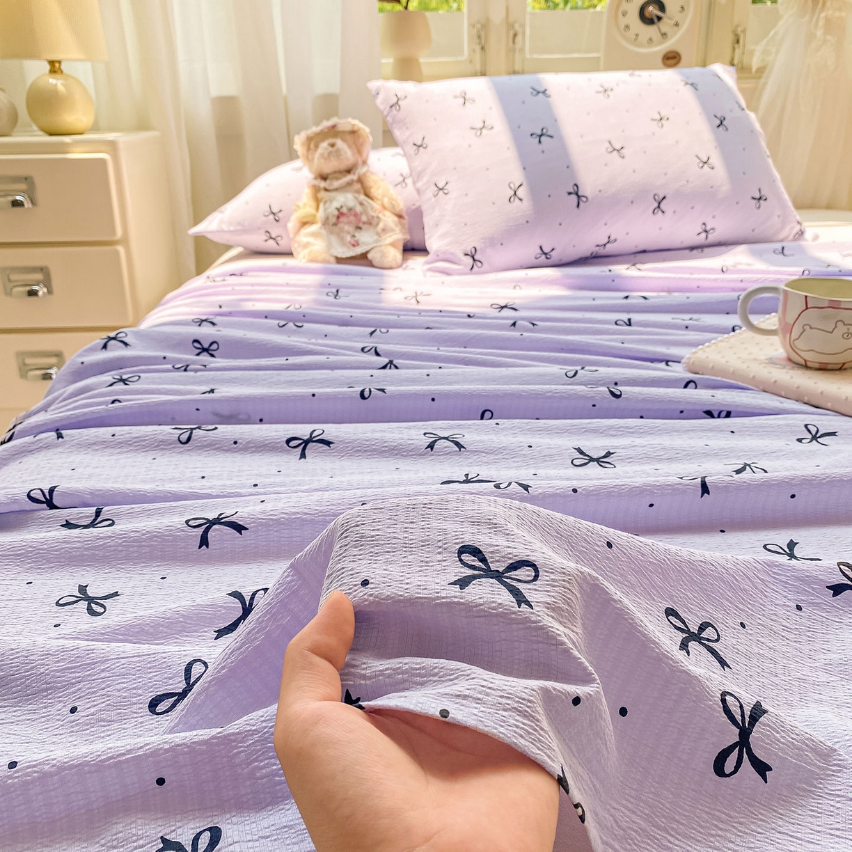 91家纺网 家纺一手货源 找家纺 眠势力 2025新款云感双层纱床单三件套ins奶油风学生宿舍床单四季通用 紫韵蝴蝶结