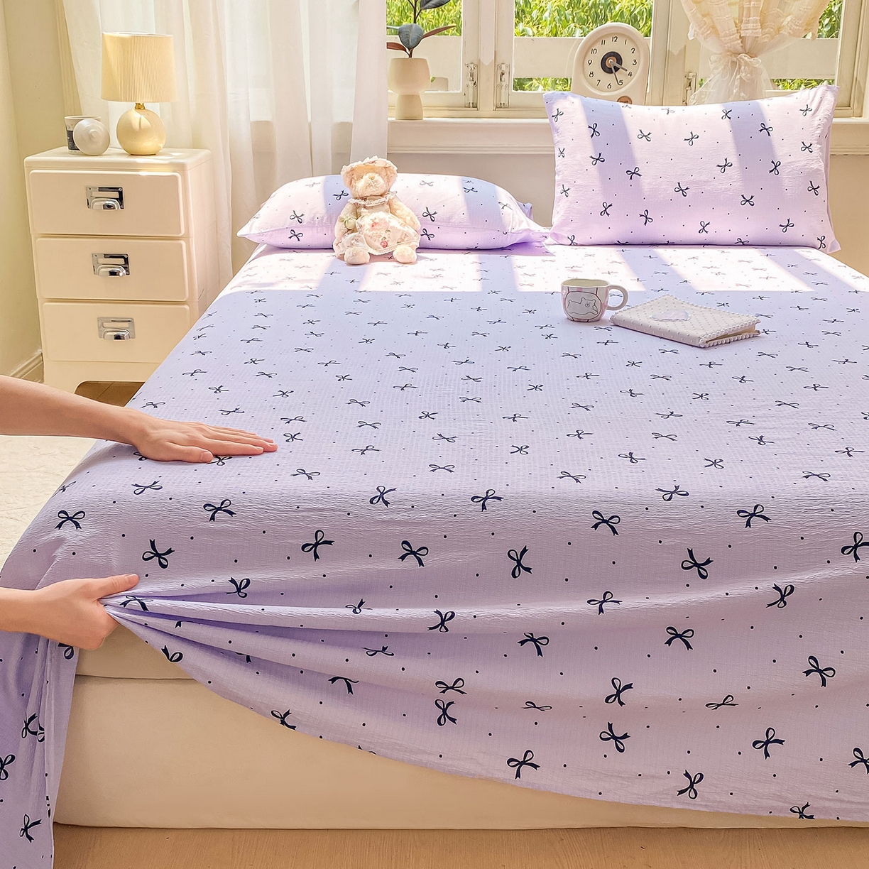 91家纺网 家纺一手货源 找家纺 眠势力 2025新款云感双层纱床单三件套ins奶油风学生宿舍床单四季通用 紫韵蝴蝶结