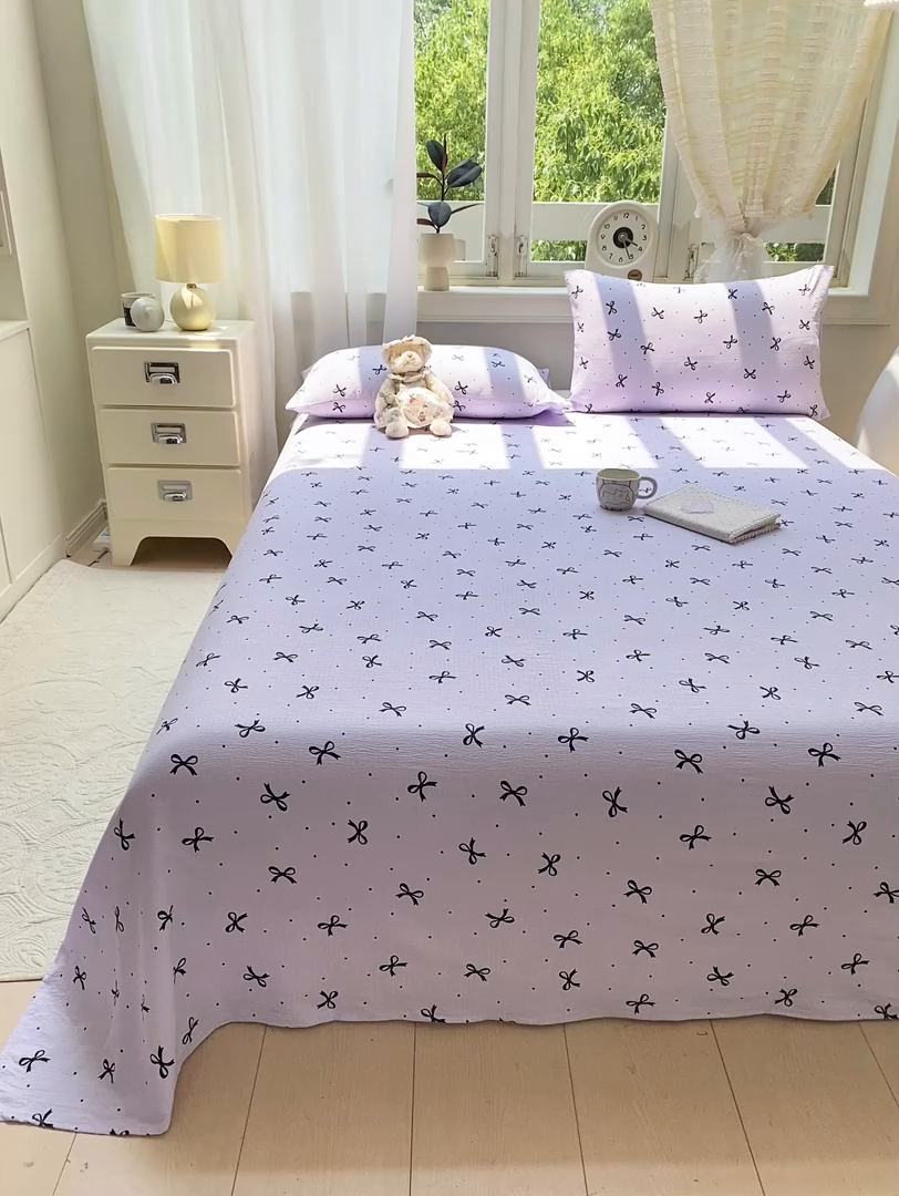 91家纺网 家纺一手货源 找家纺 眠势力 2025新款云感双层纱床单三件套ins奶油风学生宿舍床单四季通用 紫韵蝴蝶结
