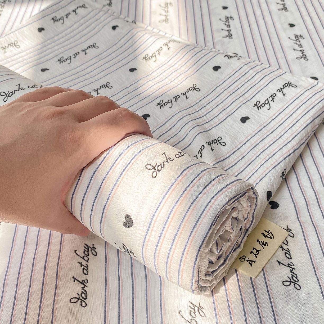 91家纺网 家纺一手货源 找家纺 眠势力 2025新款云感双层纱床单三件套ins奶油风学生宿舍床单四季通用 字母樱桃