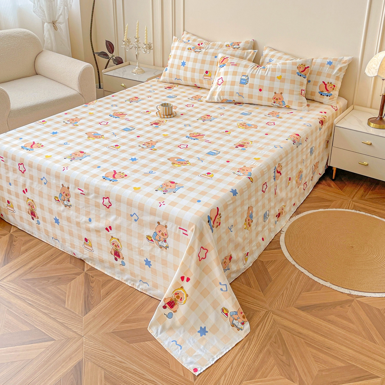 91家纺网 家纺一手货源 找家纺 纽缦 2023新款乳胶床单四件套 兔精灵-奶白