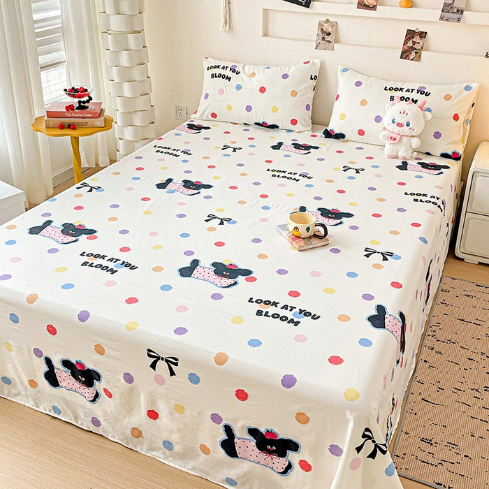 纽缦家纺 2025新款水洗双层纱床单 波点小狗