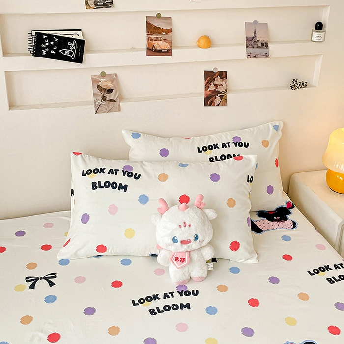 91家纺网 家纺一手货源 找家纺 纽缦家纺 2025新款水洗双层纱床单 波点小狗