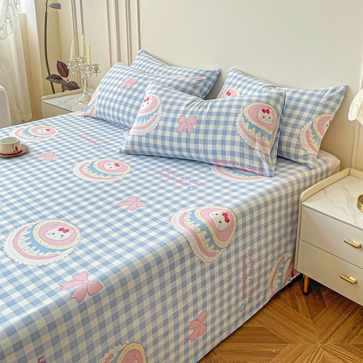 91家纺网 家纺一手货源 找家纺 纽缦家纺 2025新款水洗双层纱床单 蛋糕蓝格kt