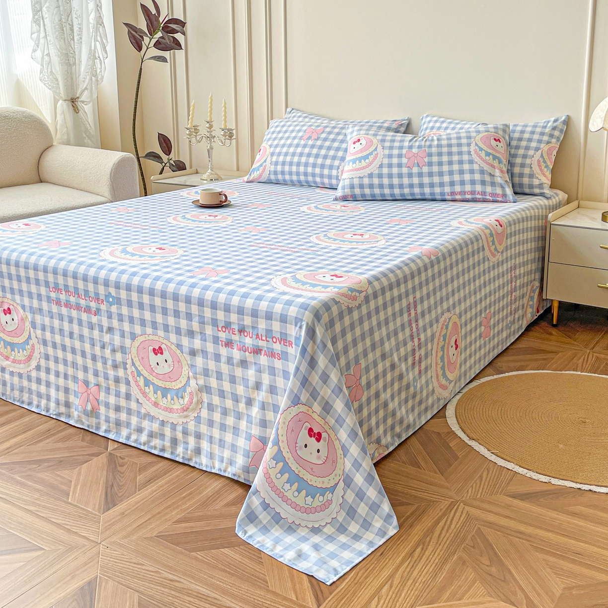 91家纺网 家纺一手货源 找家纺 纽缦家纺 2025新款水洗双层纱床单 蛋糕蓝格kt