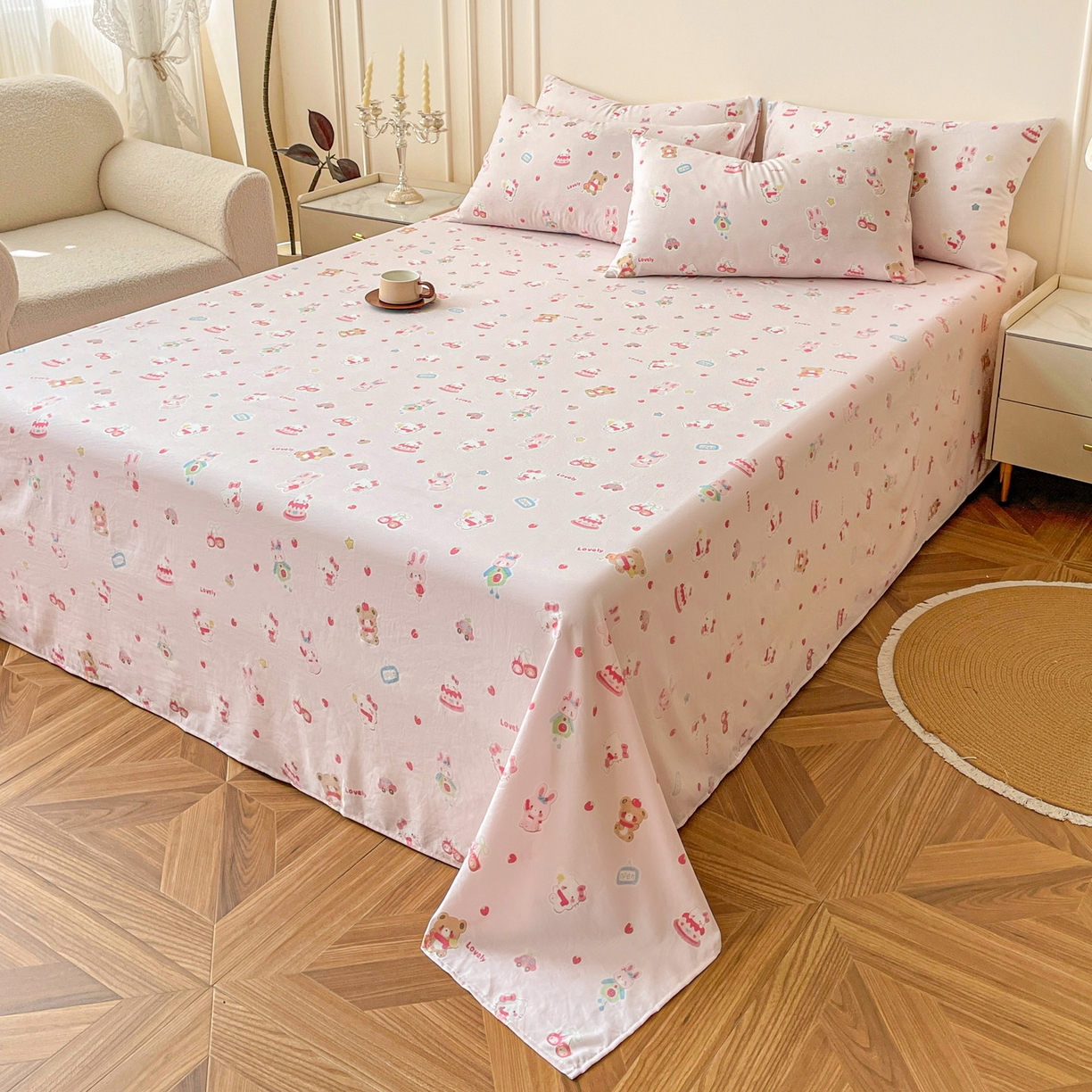 91家纺网 家纺一手货源 找家纺 纽缦家纺 2025新款水洗双层纱床单 软糖猫