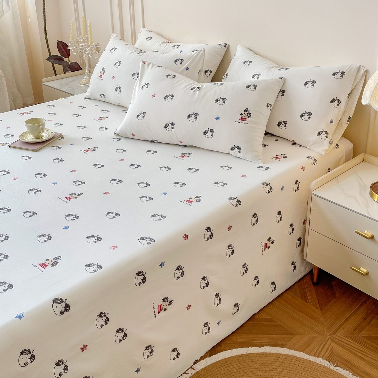 91家纺网 家纺一手货源 找家纺 纽缦家纺 2025新款水洗双层纱床单 淘气小狗