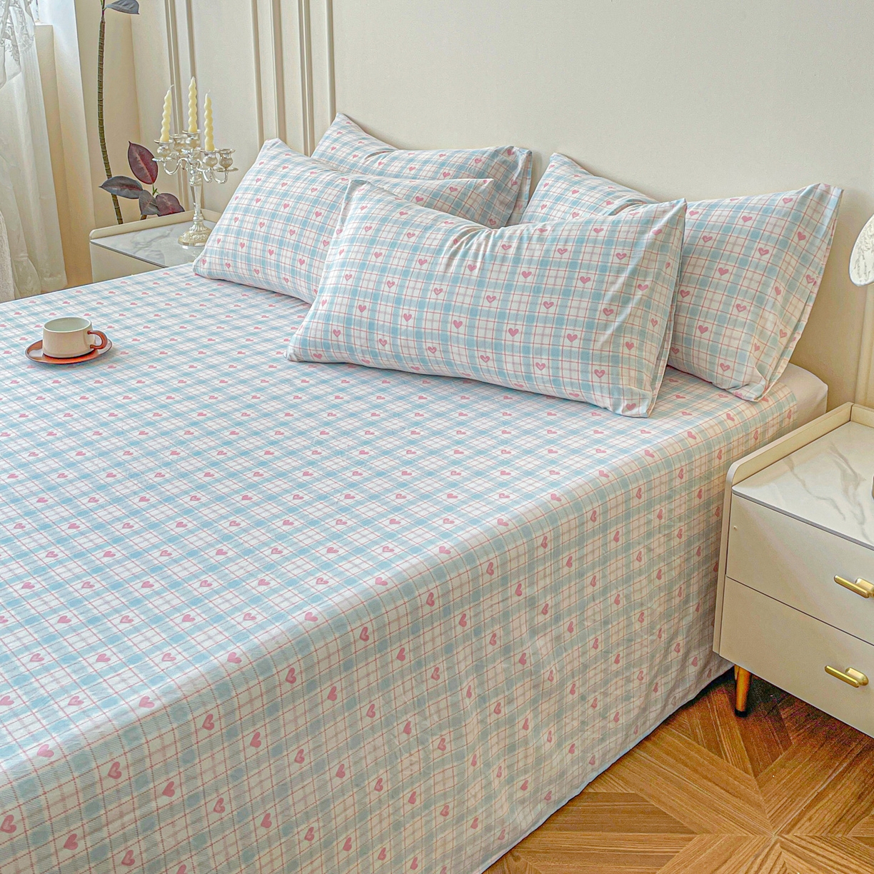 91家纺网 家纺一手货源 找家纺 纽缦家纺 2025新款水洗双层纱床单 温暖粉心