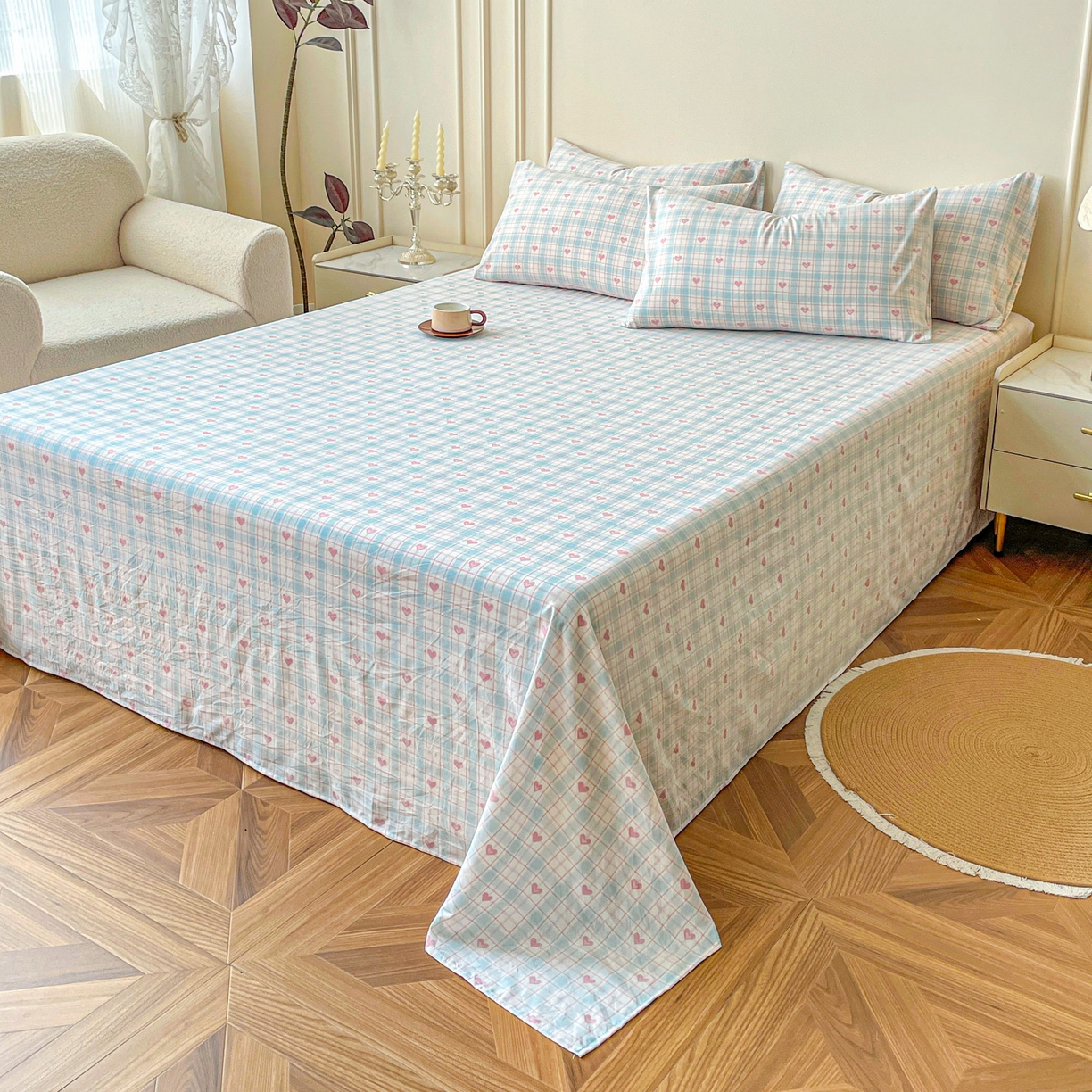 91家纺网 家纺一手货源 找家纺 纽缦家纺 2025新款水洗双层纱床单 温暖粉心