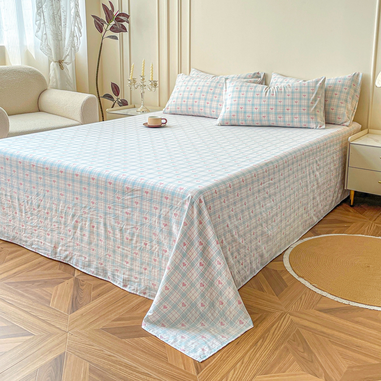 91家纺网 家纺一手货源 找家纺 纽缦家纺 2025新款水洗双层纱床单 温暖粉心