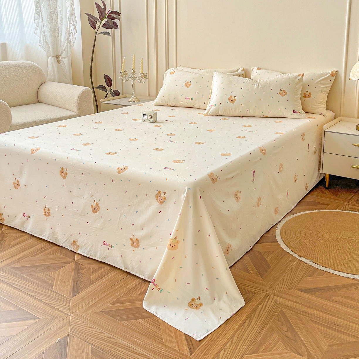 91家纺网 家纺一手货源 找家纺 纽缦家纺 2025新款水洗双层纱床单 小熊冰淇淋