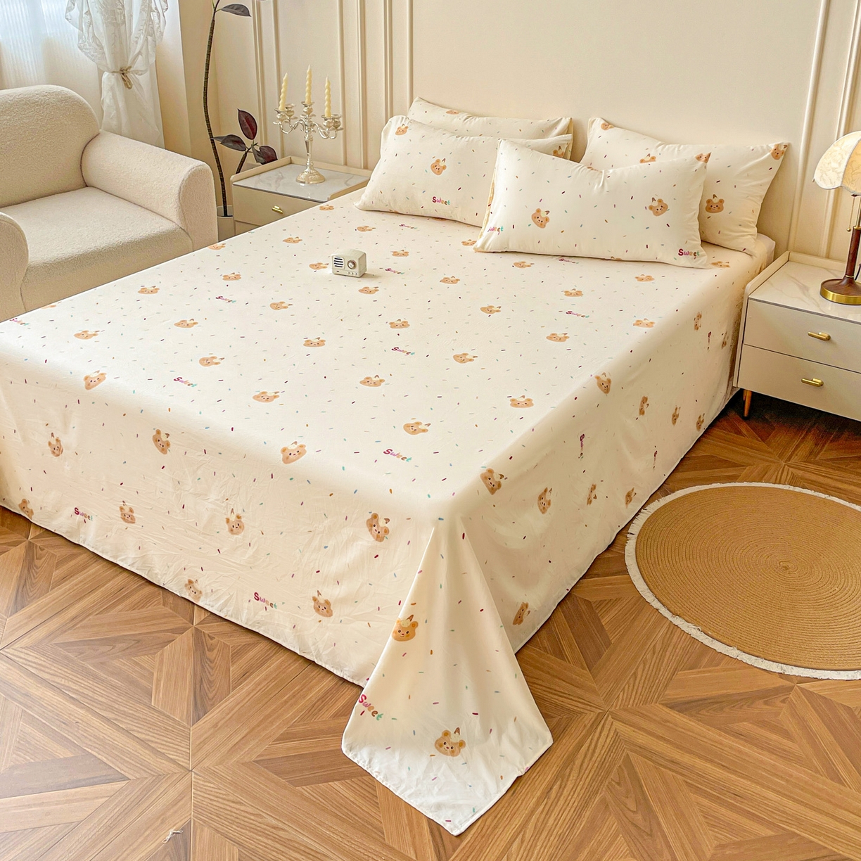 纽缦家纺 2025新款水洗双层纱床单 小熊冰淇淋