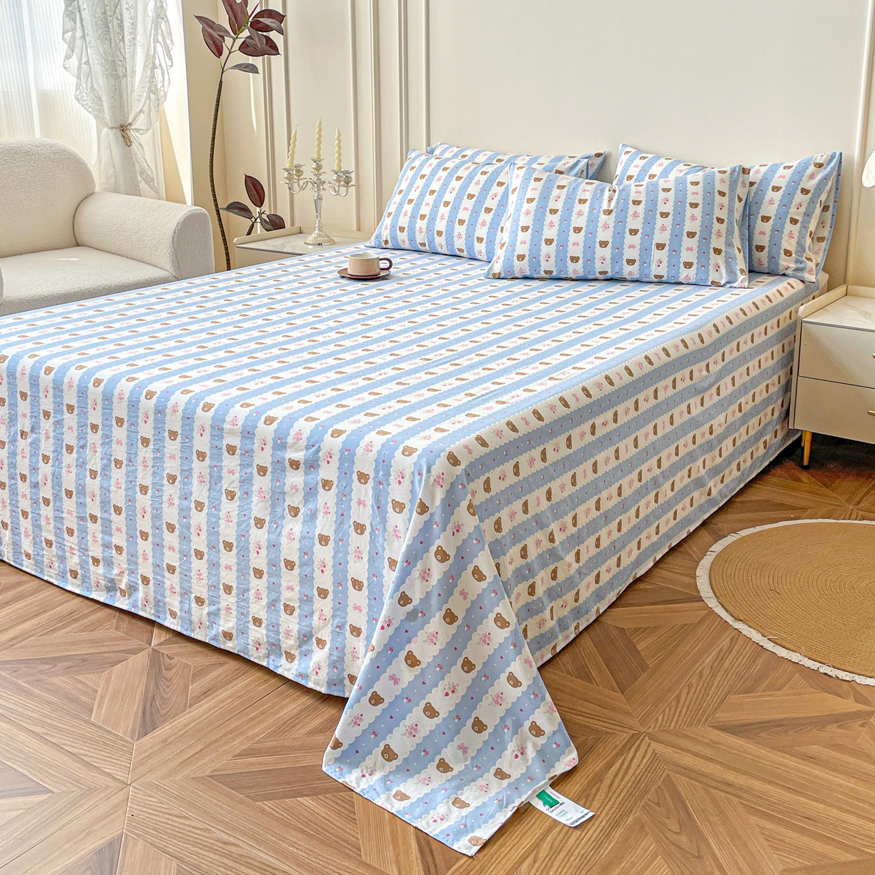 91家纺网 家纺一手货源 找家纺 纽缦家纺 2025新款水洗双层纱床单 小熊拉钩蓝