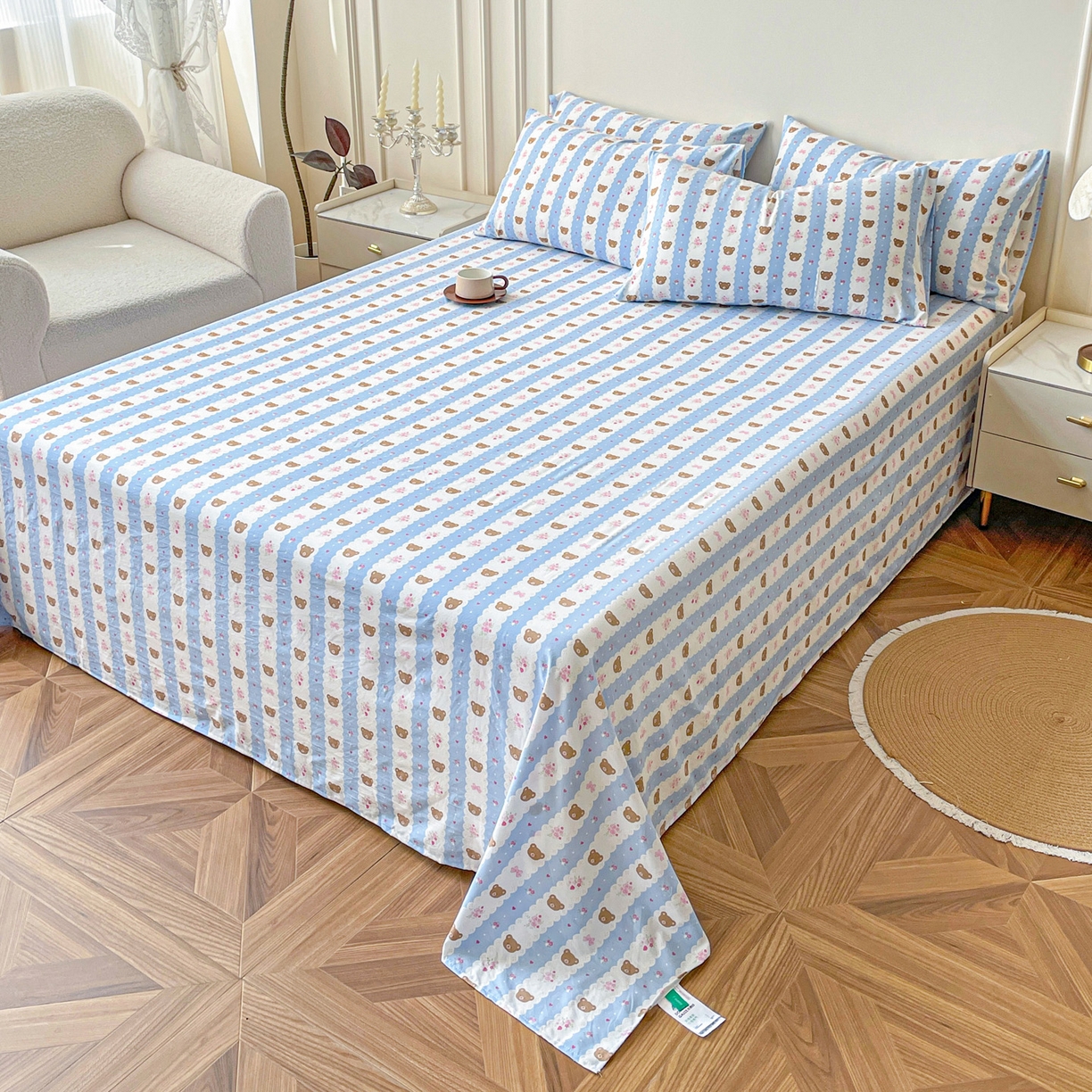 纽缦家纺 2025新款水洗双层纱床单 小熊拉钩蓝