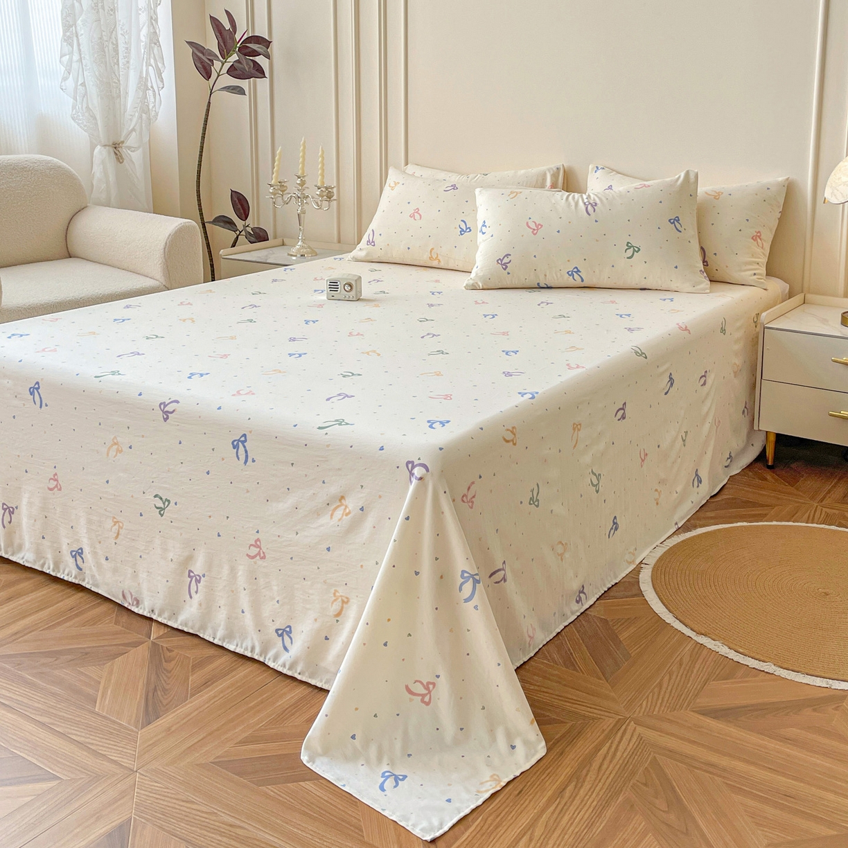 91家纺网 家纺一手货源 找家纺 纽缦家纺 2025新款水洗双层纱床单 星梦蝶结