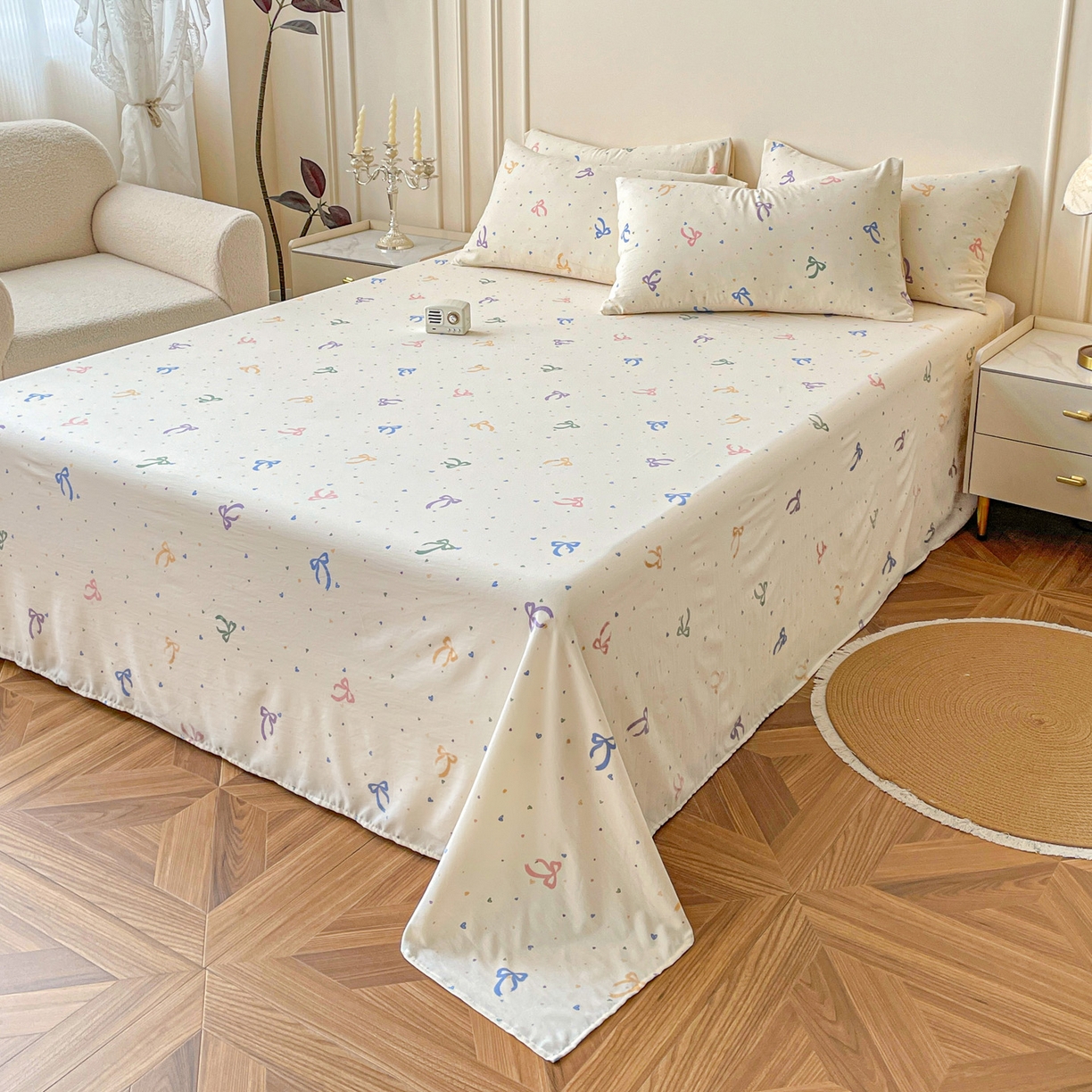 91家纺网 家纺一手货源 找家纺 纽缦家纺 2025新款水洗双层纱床单 星梦蝶结