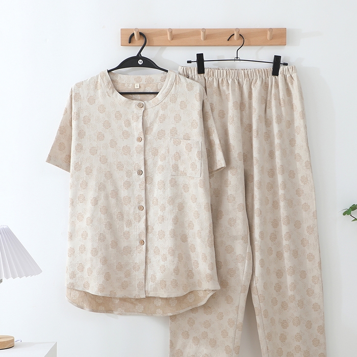 双梦毛巾 2025新款亚麻提花短袖长裤家居服睡衣 可外穿 可来样定做  清风女士