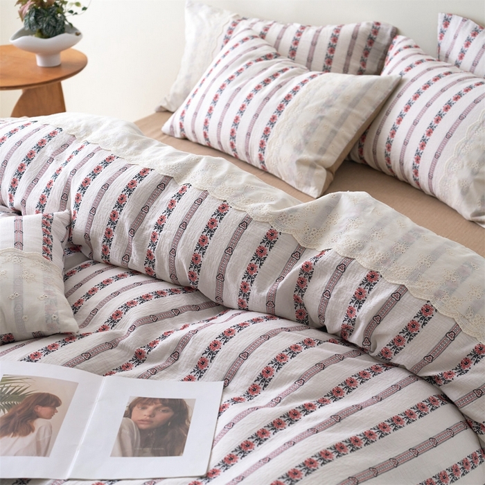 91家纺网 家纺一手货源 找家纺 久典家居 2025新款60S复古色织双层纱提花四件套 礼花颂