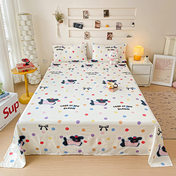 91家纺网 家纺一手货源 找家纺 悦织湾家纺 2025新款A类水洗棉单床单枕套2025新款亲肤印花小清新卡通轻奢学生宿舍三件套 波点小狗