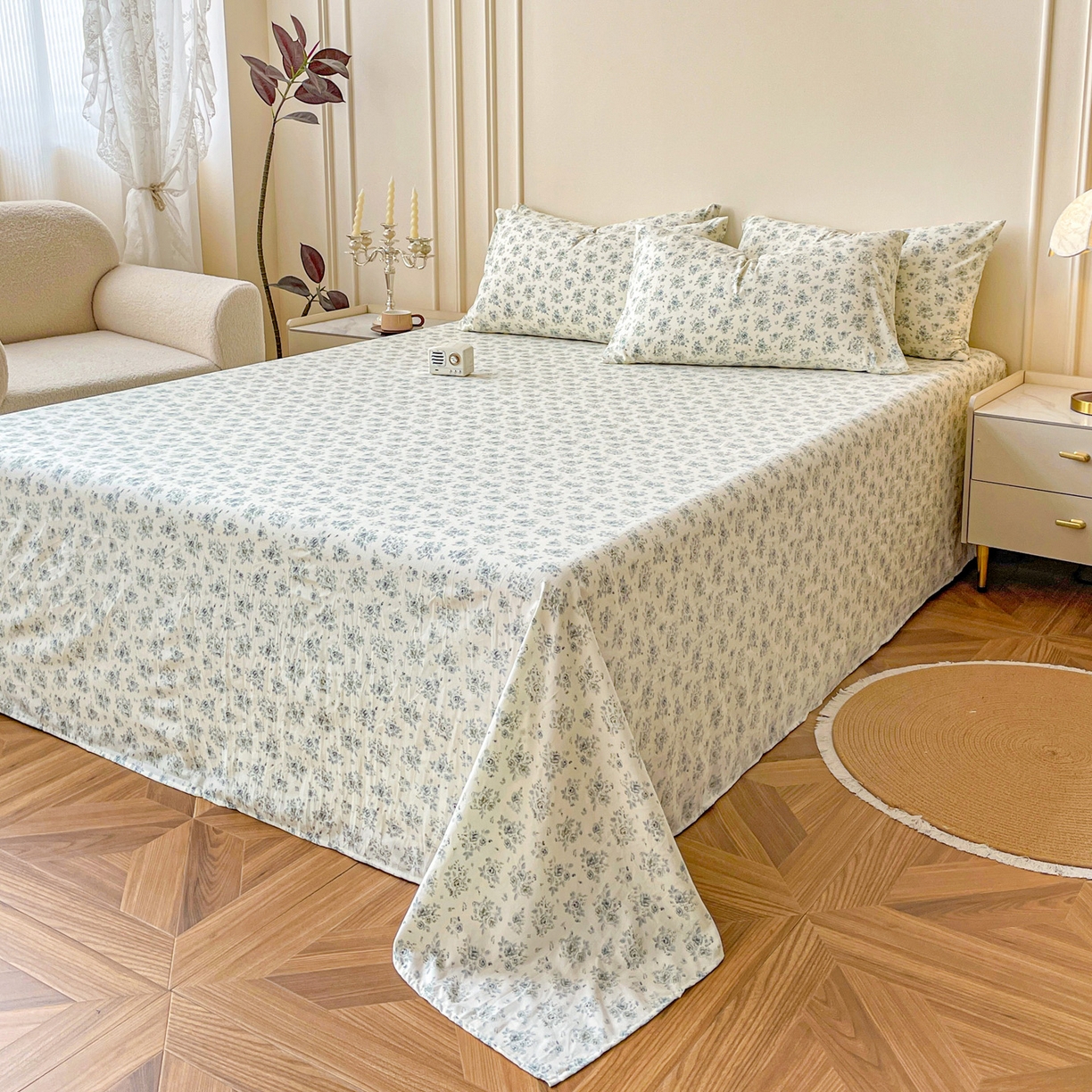 91家纺网 家纺一手货源 找家纺 悦织湾家纺 2025新款A类水洗棉单床单枕套2025新款亲肤印花小清新卡通轻奢学生宿舍三件套 春日与玫瑰