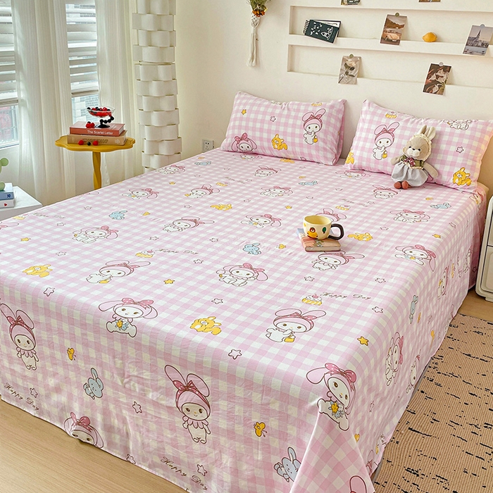 91家纺网 家纺一手货源 找家纺 悦织湾家纺 2025新款A类水洗棉单床单枕套2025新款亲肤印花小清新卡通轻奢学生宿舍三件套 花田小兔