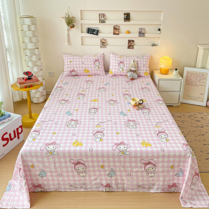 91家纺网 家纺一手货源 找家纺 悦织湾家纺 2025新款A类水洗棉单床单枕套2025新款亲肤印花小清新卡通轻奢学生宿舍三件套 花田小兔