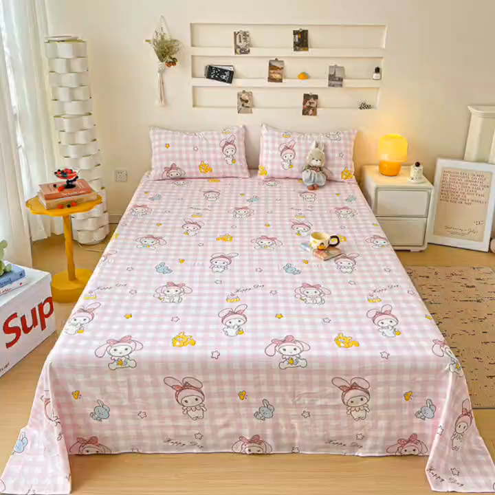 91家纺网 家纺一手货源 找家纺 悦织湾家纺 2025新款A类水洗棉单床单枕套2025新款亲肤印花小清新卡通轻奢学生宿舍三件套 花田小兔