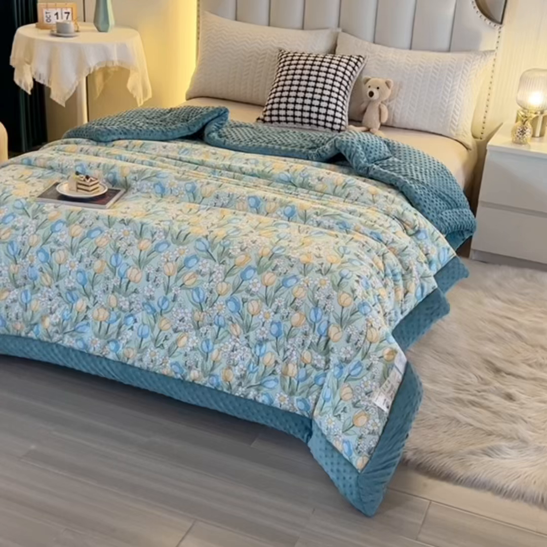 91家纺网 家纺一手货源 找家纺 欧夏被业 2025新款冬被水洗棉豆豆被芯豆豆绒被子学生春秋被供直播 郁金香