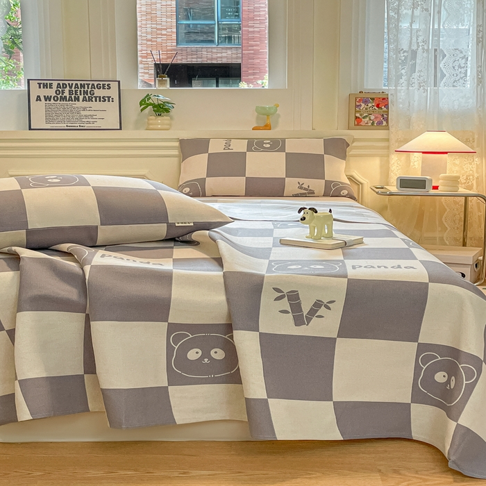 91家纺网 家纺一手货源 找家纺 义博家纺 2025新款原棉老粗布床单凉席熊猫乐园