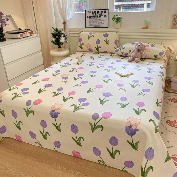 91家纺网 家纺一手货源 找家纺 义博家纺 2025新款原棉老粗布床单凉席郁金香小熊