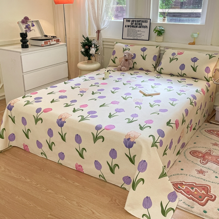 91家纺网 家纺一手货源 找家纺 义博家纺 2025新款原棉老粗布床单凉席郁金香小熊