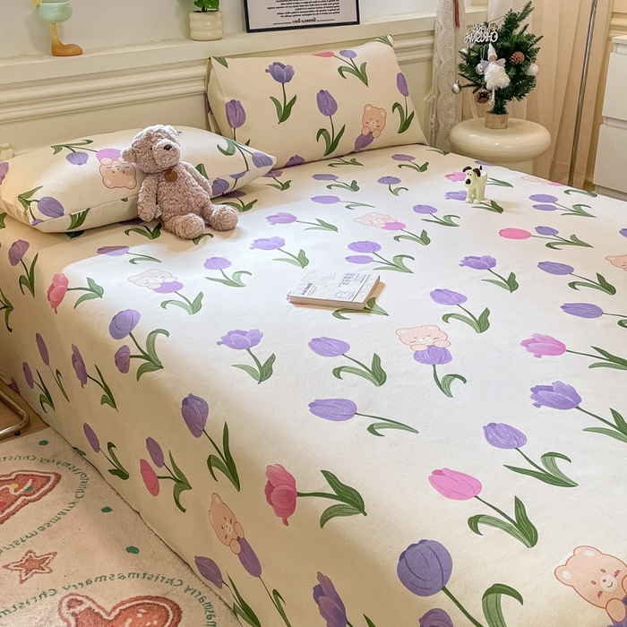 91家纺网 家纺一手货源 找家纺 义博家纺 2025新款原棉老粗布床单凉席郁金香小熊