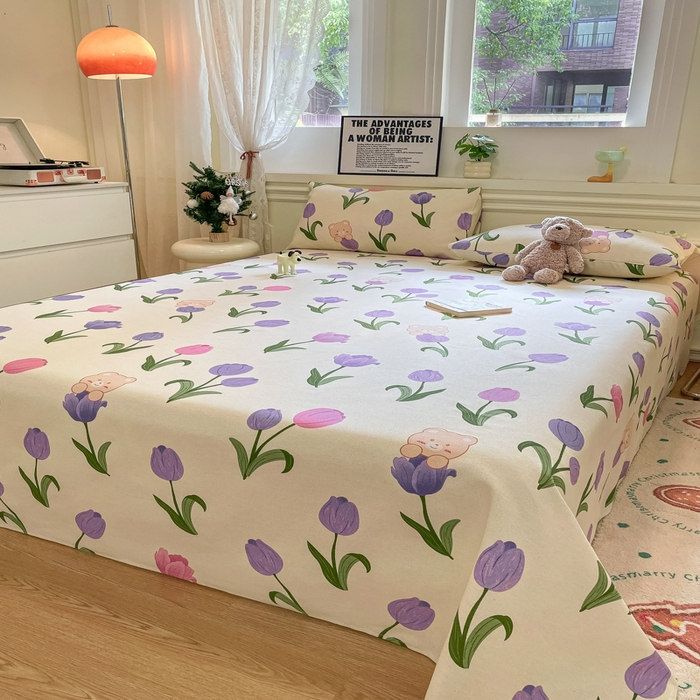 91家纺网 家纺一手货源 找家纺 义博家纺 2025新款原棉老粗布床单凉席郁金香小熊