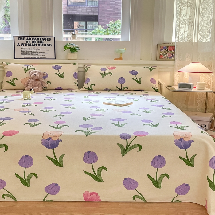 91家纺网 家纺一手货源 找家纺 义博家纺 2025新款原棉老粗布床单凉席郁金香小熊