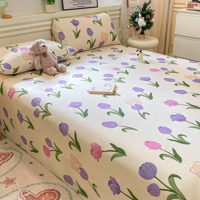 91家纺网 家纺一手货源 找家纺 义博家纺 2025新款原棉老粗布床单凉席郁金香小熊