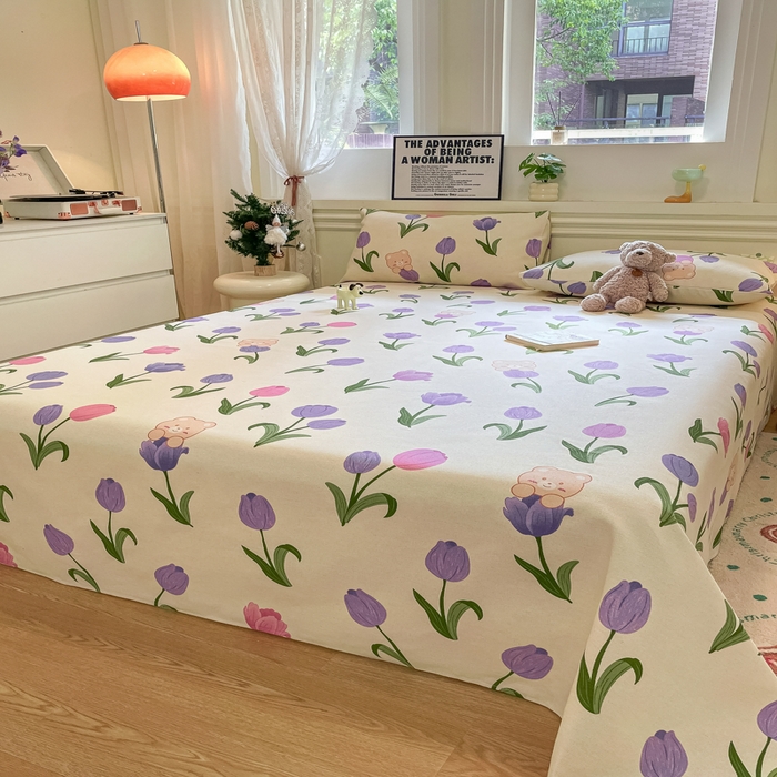 91家纺网 家纺一手货源 找家纺 义博家纺 2025新款原棉老粗布床单凉席郁金香小熊