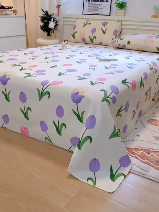 91家纺网 家纺一手货源 找家纺 义博家纺 2025新款原棉老粗布床单凉席郁金香小熊