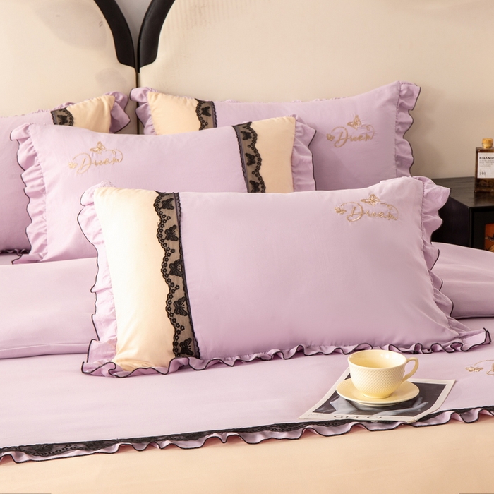 91家纺网 家纺一手货源 找家纺 皇谱家纺  2025新款60sA类水洗棉床裙款四件套-彩蝶之恋 彩蝶之恋-紫