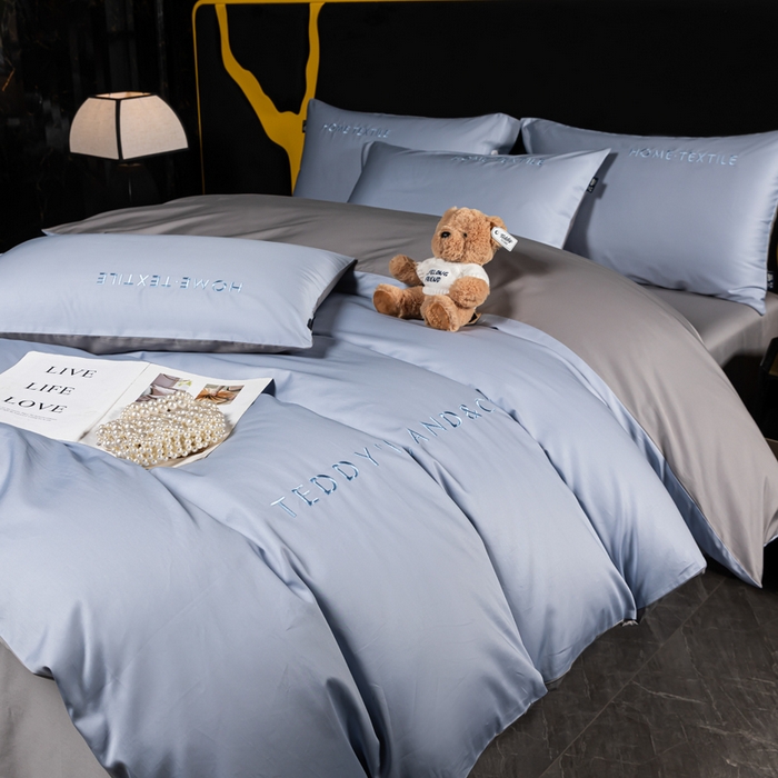 91家纺网 家纺一手货源 找家纺 泰迪爱兰Teddy 2025新款100支（50支）全棉贡缎字母绣花四件套 铃兰+浅灰